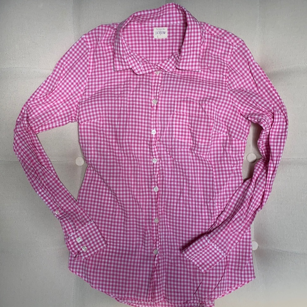 hit pink and white gingham print button up